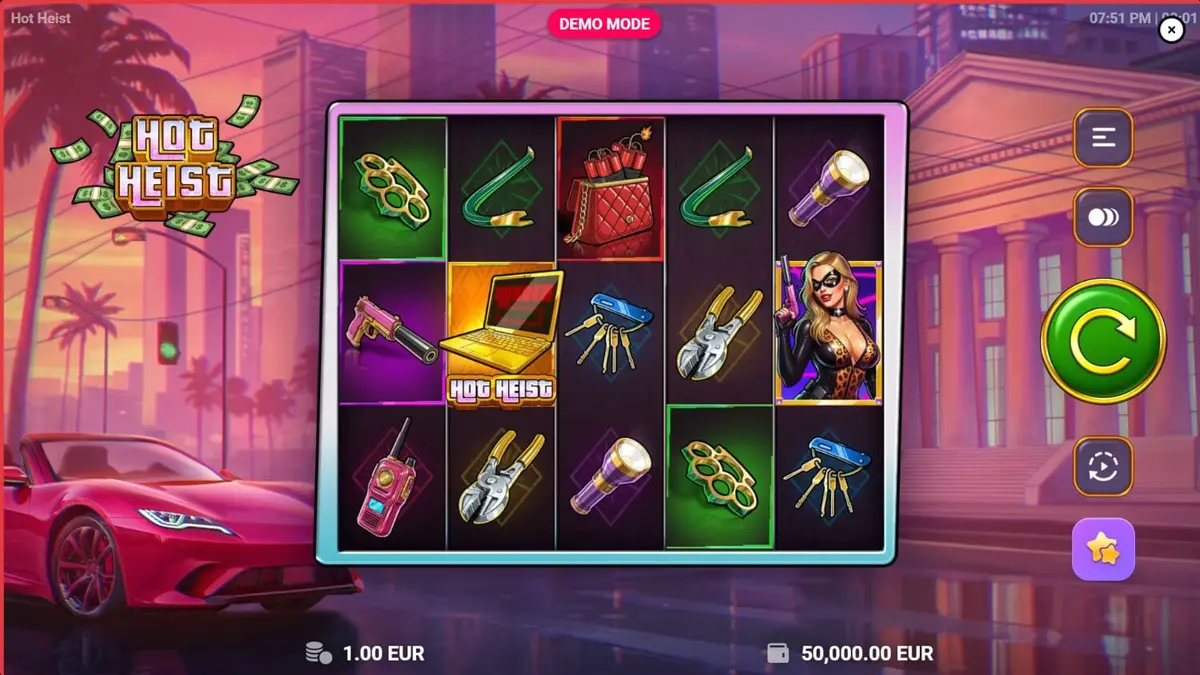Tampilan antarmuka slot Hot Heist dengan tema neon dan simbol kriminal